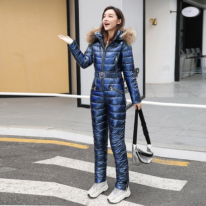 Sixsr One Piece Ski Suit Women Jackets Winter Hooded Parka Jumpsuit Women Cotton bodysuit Sashes Jumpsuits Zipper Overalls Tracksuits