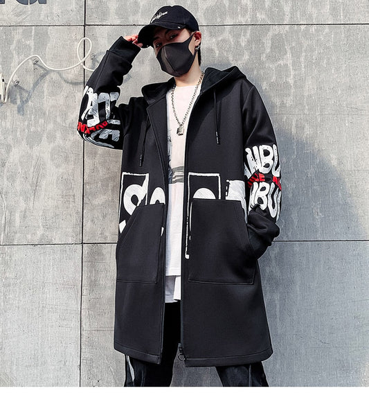 Men Jacket Men 5XL Print Hooded LongSixsr Coat Black  Hip Hop Streetwear Men's Jackets Outwear