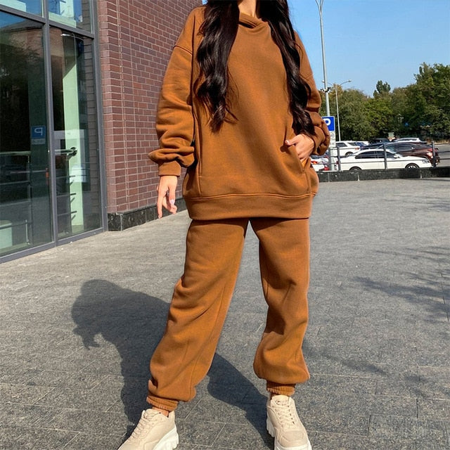 Sixsr Women Elegant Solid Sets For Women Warm Hoodie Sweatshirts And Long Pant Fashion Two Piece Sets Ladies Lace Up Sweatshirt Suits