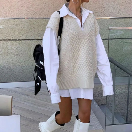 Sixsr New Spring Winter Women Cable-Knit Sweater Vest Oversized V-Neck Woman Sweaters Casual Fashion Elegant Lady Pullover Tops