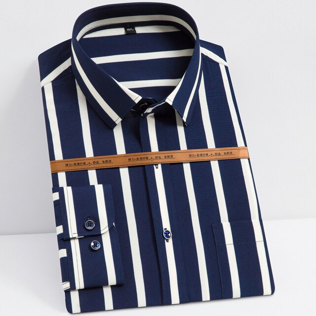 Men's Fashion Long Sleeve Silky Fabric Striped Shirts Single Patch Pocket Work Casual Standard-fit Easy Care Classic Dress Shirt