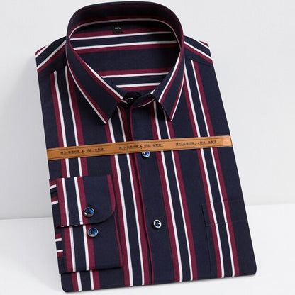 Men's Fashion Long Sleeve Silky Fabric Striped Shirts Single Patch Pocket Work Casual Standard-fit Easy Care Classic Dress Shirt