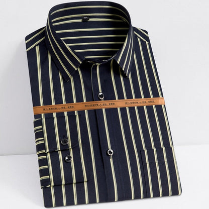 Men's Fashion Long Sleeve Silky Fabric Striped Shirts Single Patch Pocket Work Casual Standard-fit Easy Care Classic Dress Shirt