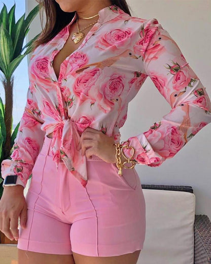 Sixsr Women Long Sleeve Floral Printed Tie Knot Top Blouse Casual Spring Shirts Female