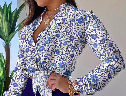 Sixsr Women Long Sleeve Floral Printed Tie Knot Top Blouse Casual Spring Shirts Female