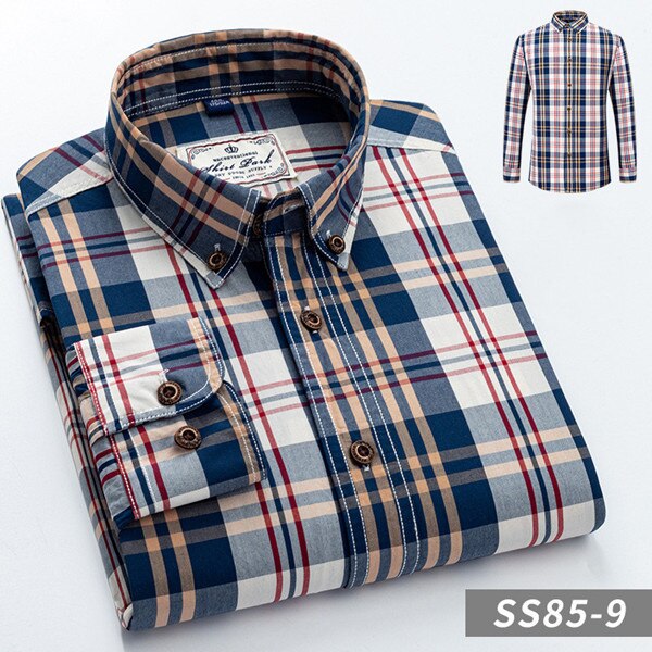 British Style Men's Plaid Long-Sleeve Casual Shirt Regular-Fit Button-Collar Design 100% Cotton High Quality Male Social Shirts