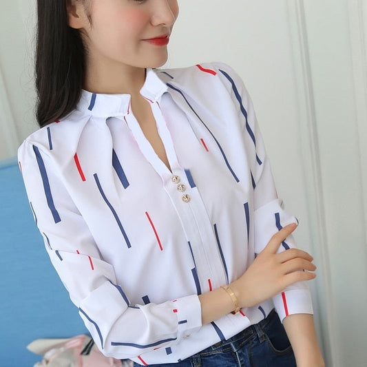 Sixsr Plus Size Women White Tops and Blouses Fashion Stripe Print Casual Long Sleeve Office Lady Work Shirts Female Slim Blusas