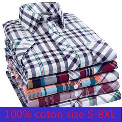 New Arrival Fashion Suepr Large Short Sleeve Men 100% Pure Cotton Summer Loose Plaid Mens Shirts Casual Slim Fit Plus Size M-8XL