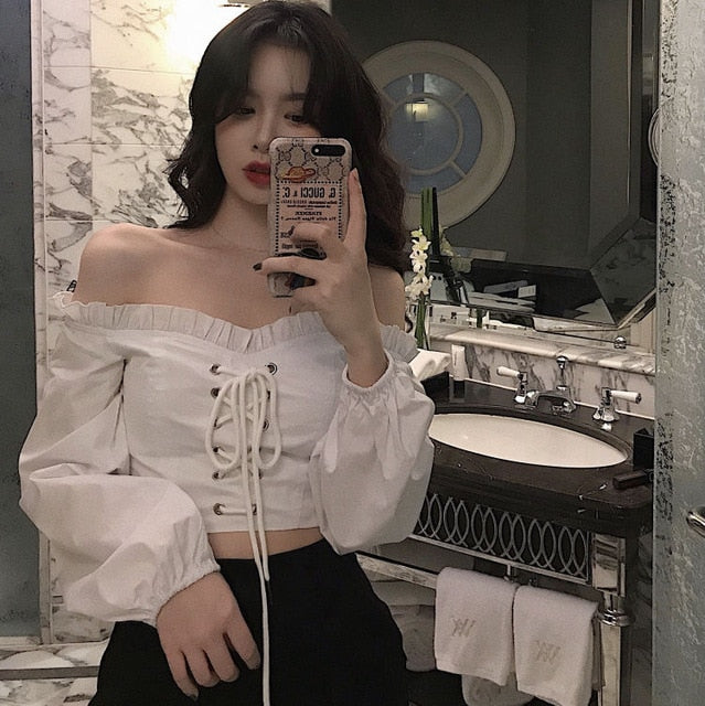 Sixsr Womens Off Shoulder Top Long Sleeve Ruffle Vintage Blouse With Puff Sleeves Lace Up Ladies Tops Bandage Crop Tops Black White