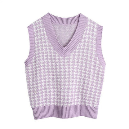Sixsr Fashion Women Knitted Vest Pullovers V Neck Sleeveless Houndstooth Knitted Jumper Pullovers Korean Loose Plaid Sweater Vest