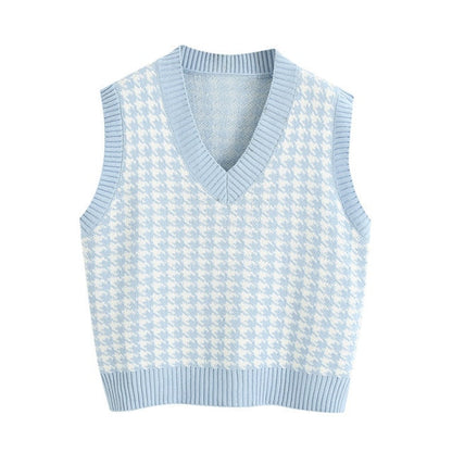 Sixsr Fashion Women Knitted Vest Pullovers V Neck Sleeveless Houndstooth Knitted Jumper Pullovers Korean Loose Plaid Sweater Vest