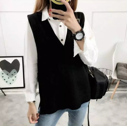 Sixsr Fashion Women Knitted Vest Pullovers V Neck Sleeveless Houndstooth Knitted Jumper Pullovers Korean Loose Plaid Sweater Vest