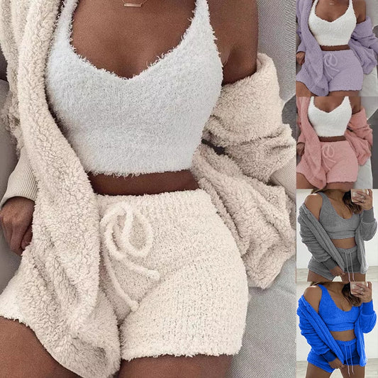 Sixsr Three Piece Sexy Fluffy Outfits Plush Velvet Hooded Cardigan Coat+Shorts+Crop Top Women Tracksuit Sets Casual Sports Sweatshirt