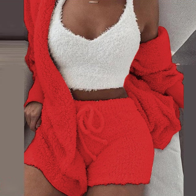 Sixsr Three Piece Sexy Fluffy Outfits Plush Velvet Hooded Cardigan Coat+Shorts+Crop Top Women Tracksuit Sets Casual Sports Sweatshirt
