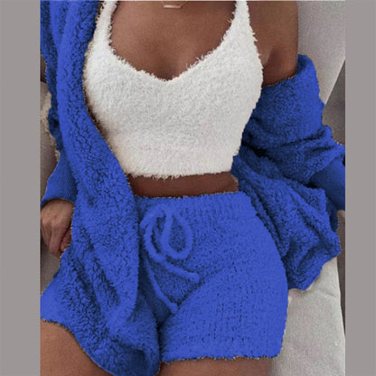 Sixsr Three Piece Sexy Fluffy Outfits Plush Velvet Hooded Cardigan Coat+Shorts+Crop Top Women Tracksuit Sets Casual Sports Sweatshirt