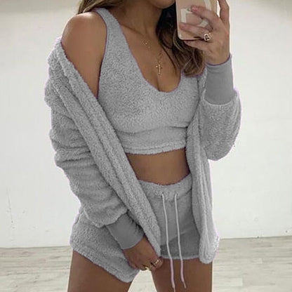 Sixsr Three Piece Sexy Fluffy Outfits Plush Velvet Hooded Cardigan Coat+Shorts+Crop Top Women Tracksuit Sets Casual Sports Sweatshirt