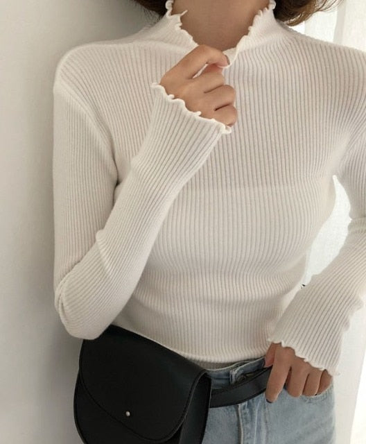Sixsr Turtleneck Ruched Women Sweater High Elastic Solid Fall Winter Fashion Sweater Women Slim Sexy Knitted Pullovers Pink White