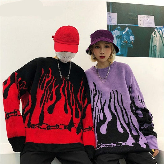 Sixsr Autumn Winter Harajuku Flame Knitting Batwing Sleeve Sweater Casual Long Women Tide Printed Sweater Loose Boyfriend Pullovers