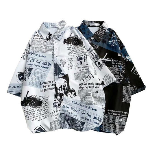 Newspaper Printed Hawaiian Beach Shirt for Men 2024 Summer Short Sleeve 3XL Aloha Shirts Mens Holiday Vacation Clothing Chemise