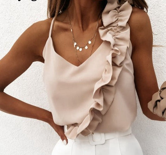 Sixsr Muyogrt Women Summer Blouse Shirts Sexy V Neck Ruffle Blouses Backless Spaghetti Strap Office Ladies Sleeveless Casual Tops