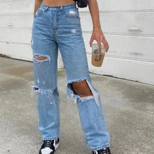 Sixsr Baggy Jeans Straight Leg Ripped Jeans For Women Fashion Loose High Streetwear Women High Waist Pants Hole Boyfriend Trousers