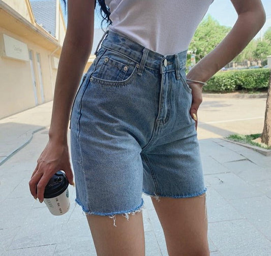 Sixsr High Waist Slim Denim Shorts Bermuda Plus Size Woman New Fashion Tassel Tight Five-point Denim Shorts Washed Sexy Female summer
