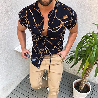 Fashion Nation Style Summer Man's Shirt 3D Printing Stand Collar Single-Breasted Short Sleeve Loose Hawaiian Henley Casual Shirt