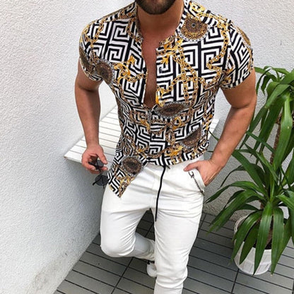 Fashion Nation Style Summer Man's Shirt 3D Printing Stand Collar Single-Breasted Short Sleeve Loose Hawaiian Henley Casual Shirt