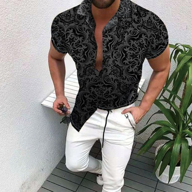 Fashion Nation Style Summer Man's Shirt 3D Printing Stand Collar Single-Breasted Short Sleeve Loose Hawaiian Henley Casual Shirt