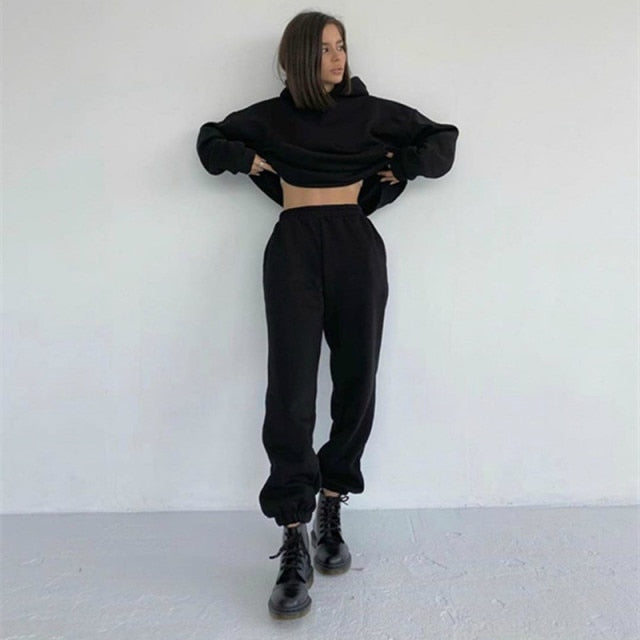 Sixsr 2 Piece Set Women Spring Autumn Tracksuit Solid Hooded Sweatshirt Top And Wide Leg Pants Suits Loose Casual Fashion Sportswear