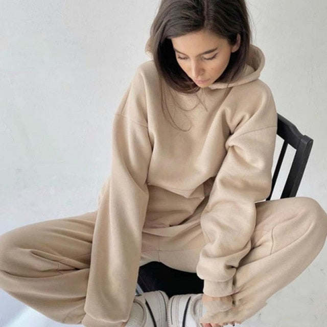 Sixsr 2 Piece Set Women Spring Autumn Tracksuit Solid Hooded Sweatshirt Top And Wide Leg Pants Suits Loose Casual Fashion Sportswear