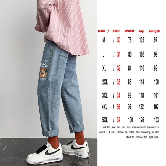Fashion Print Blue Jeans Pants for Mens Japanese Harajuku Streetwear Teens Plus Size Denim Clothes Boyfriend Baggy Jean Trousers