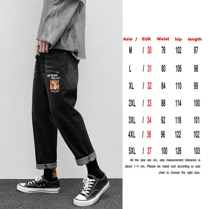 Fashion Print Blue Jeans Pants for Mens Japanese Harajuku Streetwear Teens Plus Size Denim Clothes Boyfriend Baggy Jean Trousers