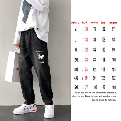 Fashion Print Blue Jeans Pants for Mens Japanese Harajuku Streetwear Teens Plus Size Denim Clothes Boyfriend Baggy Jean Trousers