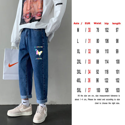 Fashion Print Blue Jeans Pants for Mens Japanese Harajuku Streetwear Teens Plus Size Denim Clothes Boyfriend Baggy Jean Trousers