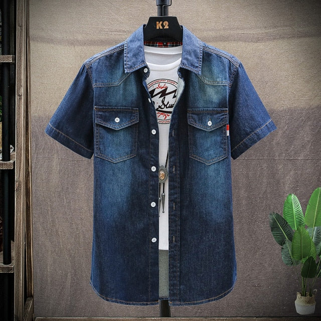 Denim Shirt Men Cotton Jeans Shirt Fashion summer Slim  Short Sleeve Cowboy Shirt Stylish Wash Slim Tops Asian Multiple pockets