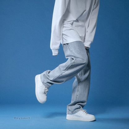 Men's Solid Color Straight Harem Jeans White/Black Korean Style Man Loose Denim Trousers Streetwear Male Casual Pants 6 Colors