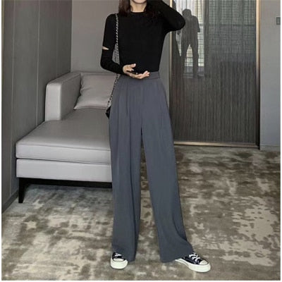 Sixsr Retro Solid Color Wild Straight Wide Leg Pants Female Spring New Korean Fashion High Waist Casual Long Pants