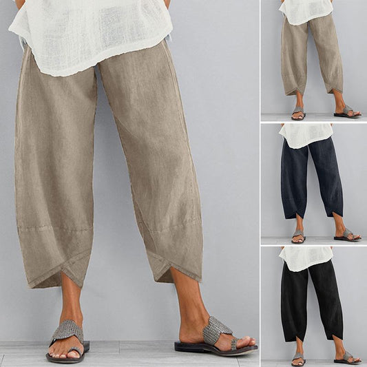 Sixsr Vintage Harem Pants Women Casual Loose Printed Elastic Waist Cotton Linen Wide Leg Pants Summer Irregular Pantalon Cropped Pants