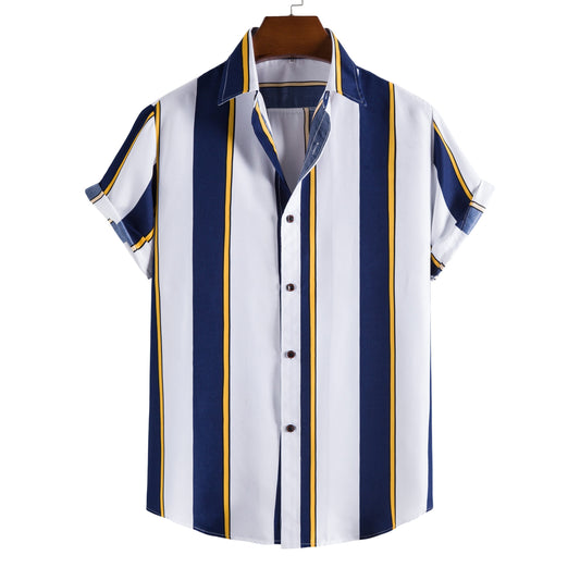 New short-sleeved casual shirt men's printed striped beach top 2024 summer men's short-sleeved shirt European size US size XS-XL
