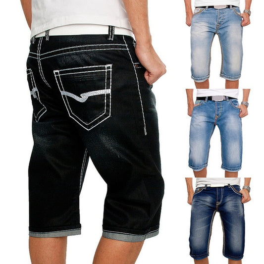 Men Jeans Shorts Summer Casual Straight Denim Shorts Streetwear Male Loose Knee Length Loose Jean Pants Black Blue Pocket
