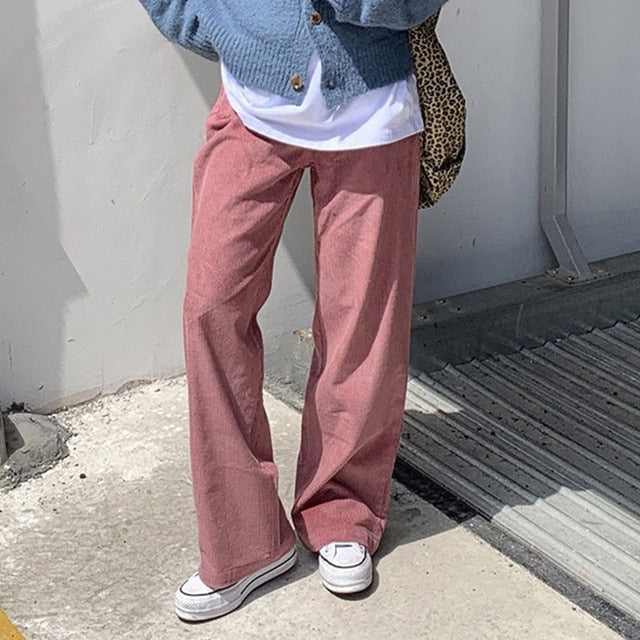 Sixsr Beige Corduroy Wide Leg Pants Women Korean Style Soft Girl Pink Spring Plus Size Black Trousers For Female Oversize