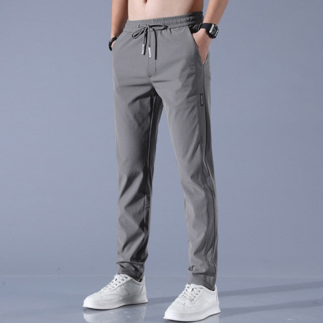 Men's Ice Silk Trousers Solid Color Mid-Waist Loose Breathable Straight-Leg Casual Pants Thin Quick-Drying Sports Pants