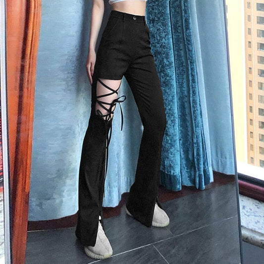 Sixsr Rosetic Lace Up Casual Cargo Pants Women Buckle Gothic Punk Rock Dark Black Pantalons High Waist Pants Plus Size Trousers S-5XL