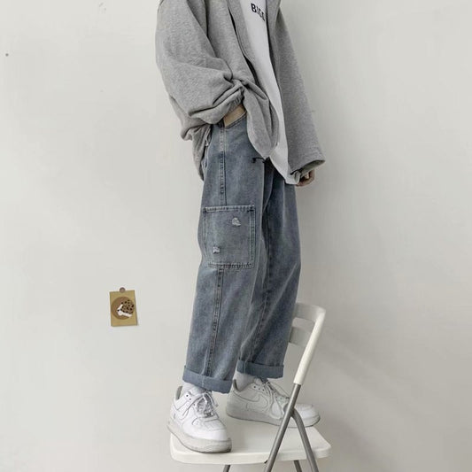 Jeans men's trendy brand ins handsome straight wide-leg pants Korean style trend large pockets loose casual trousers