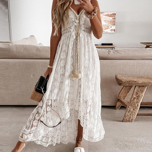 Sixsr  Women Fashion Trends Off Shoulder Lace Patchwork Elegant Dress Women Summer V Neck Spaghetti Strap Dress Female New Fashion Solid Party Dresses