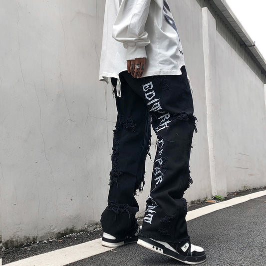 High Street Raw Hem Ripped Jeans Men's Black Hip-Hop Baggie Jeans Loose Embroidered Trousers Men Women's Denim Pants Streetwear