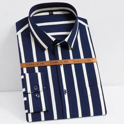 Men's Fashion Long Sleeve Silky Fabric Striped Shirts Single Patch Pocket Work Casual Standard-fit Easy Care Classic Dress Shirt