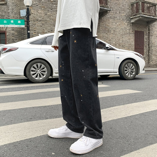 Star embroidery black jeans men's fashion brand straight tube loose hiphop fried Street pants over size wide leg pants 2024 New