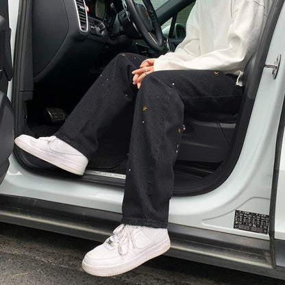 Star embroidery black jeans men's fashion brand straight tube loose hiphop fried Street pants over size wide leg pants 2024 New
